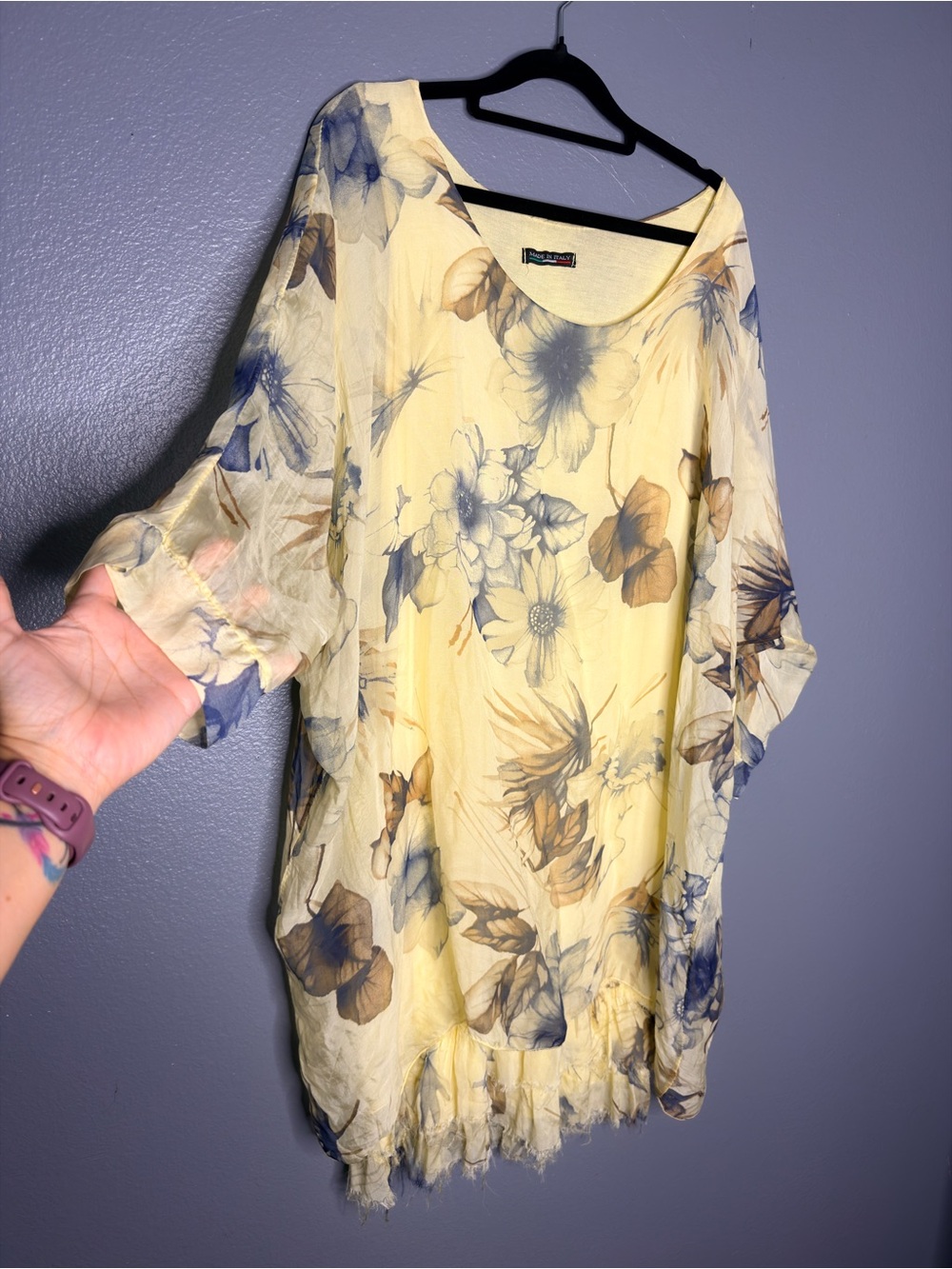Made In Italy Silk Light Yellow Floral Artsy Lagen Women's Tunic Top or dress 6